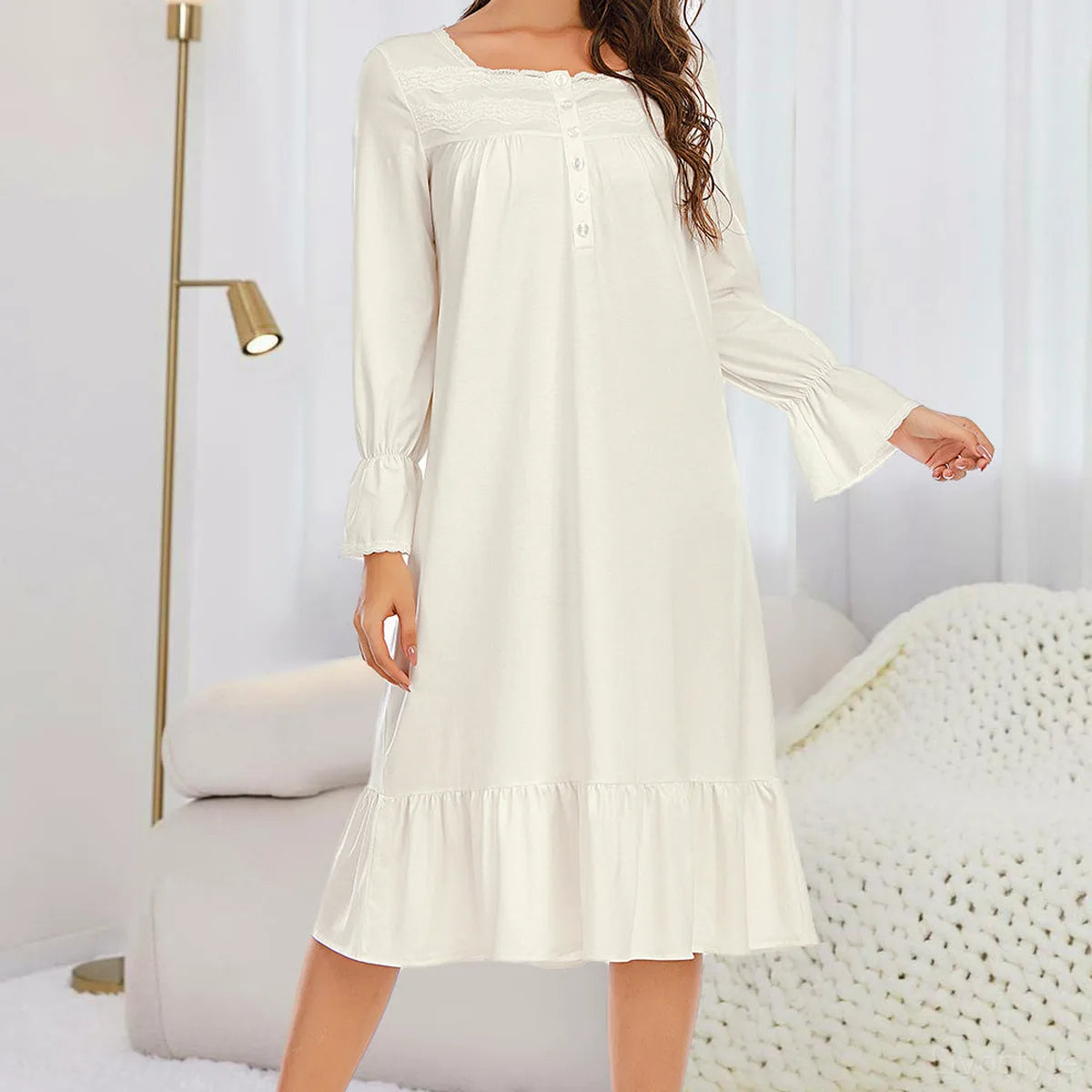 Flounce Sleeve Ruffle Hem Night Dress — square view — Livostyle
