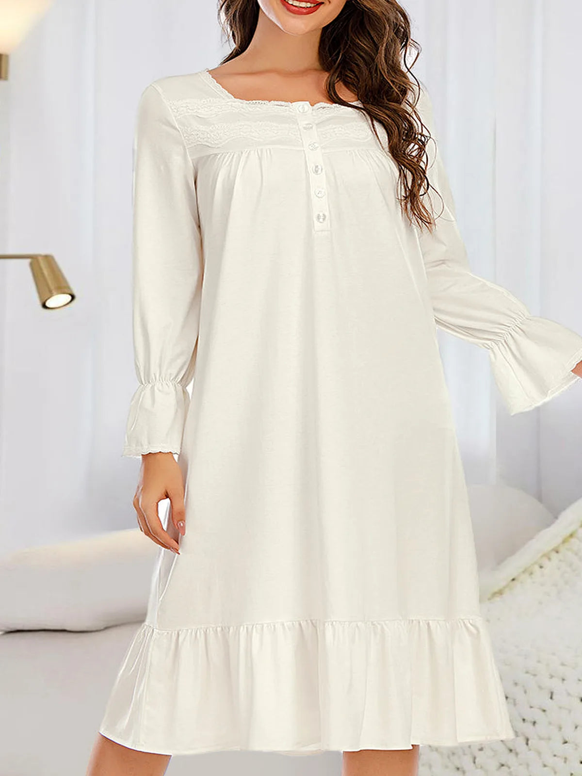Flounce Sleeve Ruffle Hem Night Dress — detail view — Livostyle