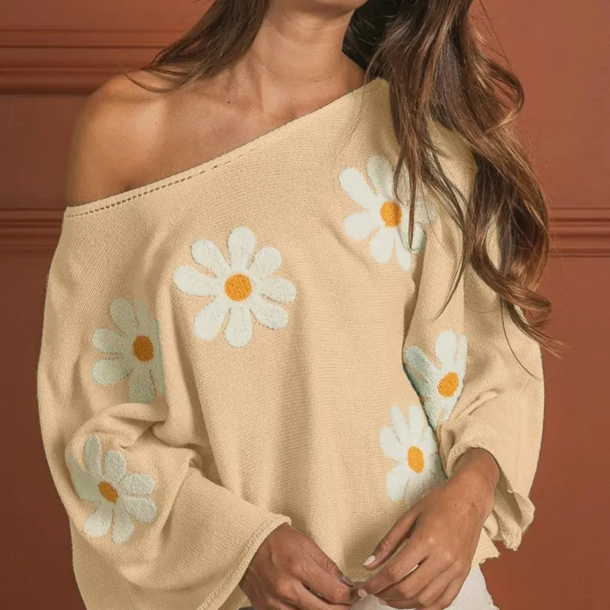 Elegant Floral Embroidered Loose Knit Top — square view — Livostyle