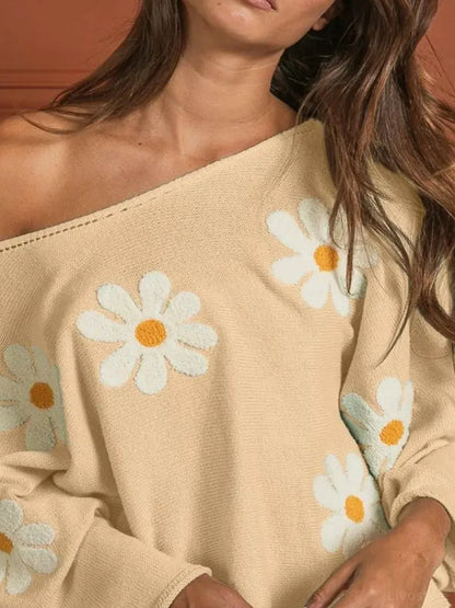 Elegant Floral Embroidered Loose Knit Top — detail view — Livostyle