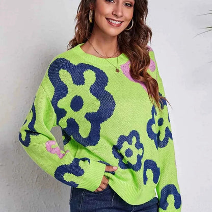 Flower Pattern Round Neck Long Sleeve Sweater — square view — Livostyle