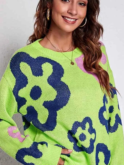 Flower Pattern Round Neck Long Sleeve Sweater — detail view — Livostyle