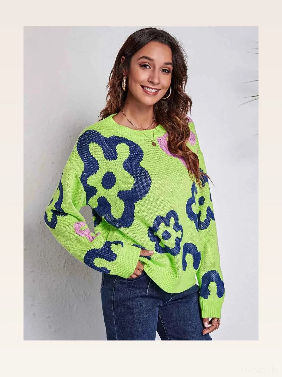 Flower Pattern Round Neck Long Sleeve Sweater — styled showcase — Livostyle