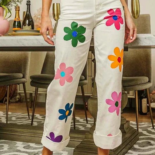 Flower Print Straight Legs Pants — square view — Livostyle