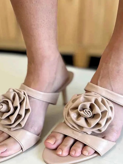 Flower PU Leather Stiletto Heel Sandals — detail view — Livostyle