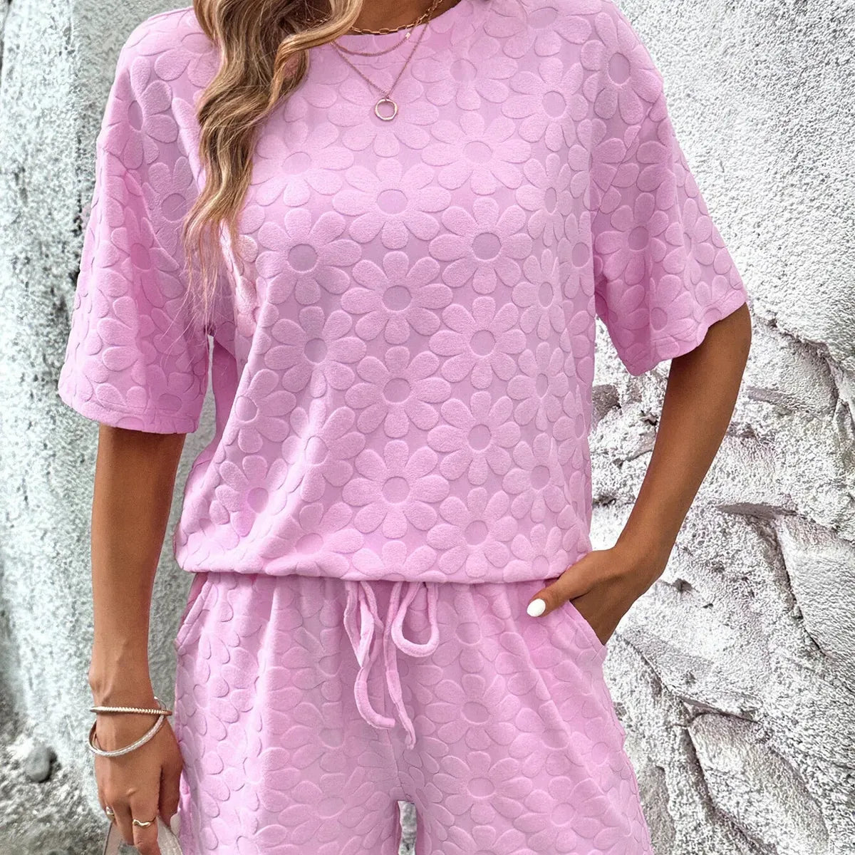 Flower Round Neck Top and Shorts Lounge Set — square view — Livostyle