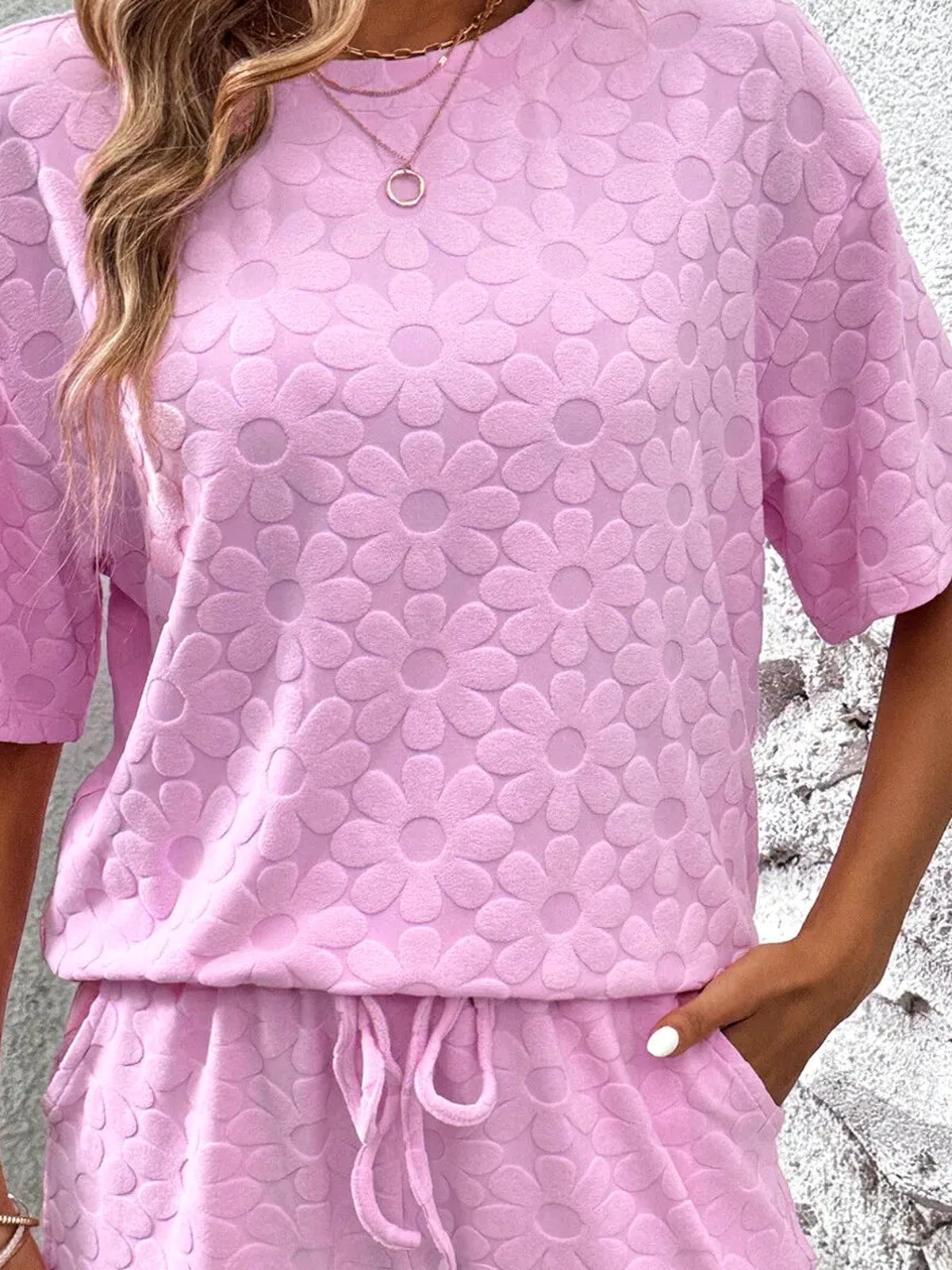 Flower Round Neck Top and Shorts Lounge Set — detail view — Livostyle