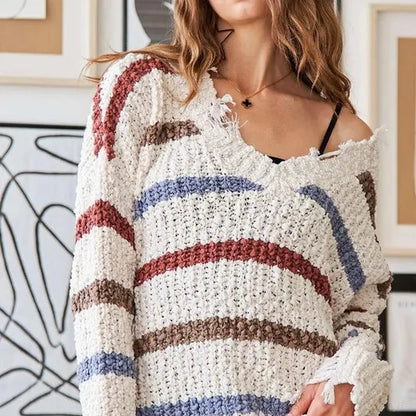Chic Striped Sweater with Unique Frayed Edges — square view — Livostyle