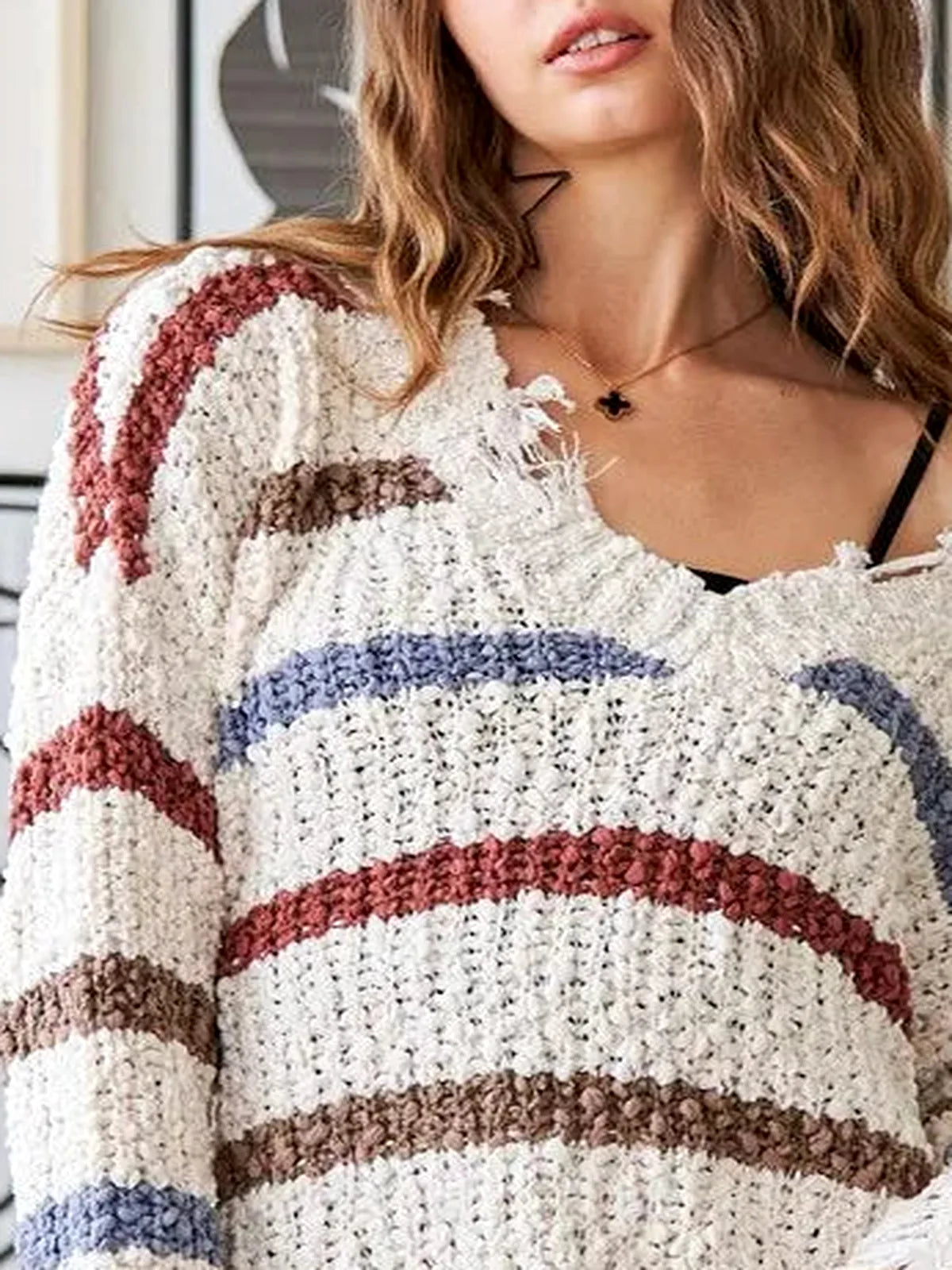 Chic Striped Sweater with Unique Frayed Edges — detail view — Livostyle