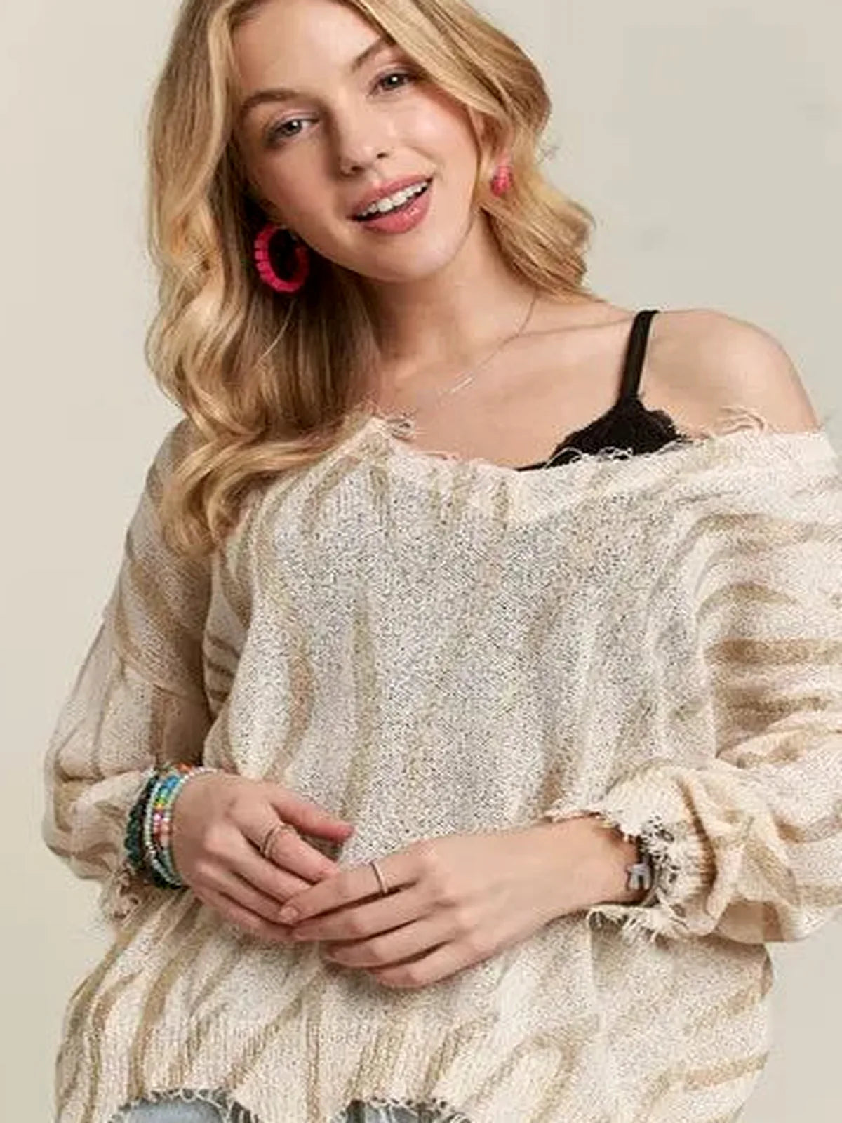 Edgy Zebra Print Knit Top with Frayed Detailing — detail view — Livostyle
