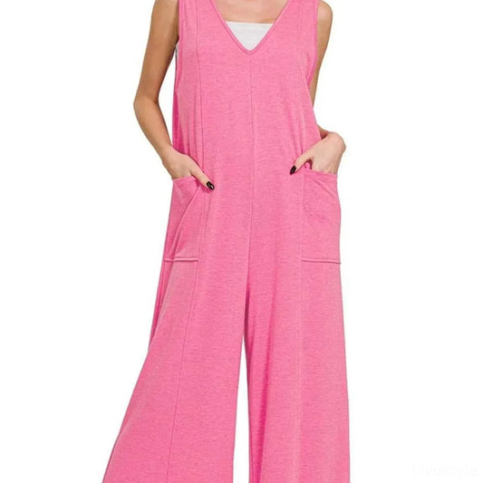 French Terry Deep V Neck Jumpsuits — square view — Livostyle