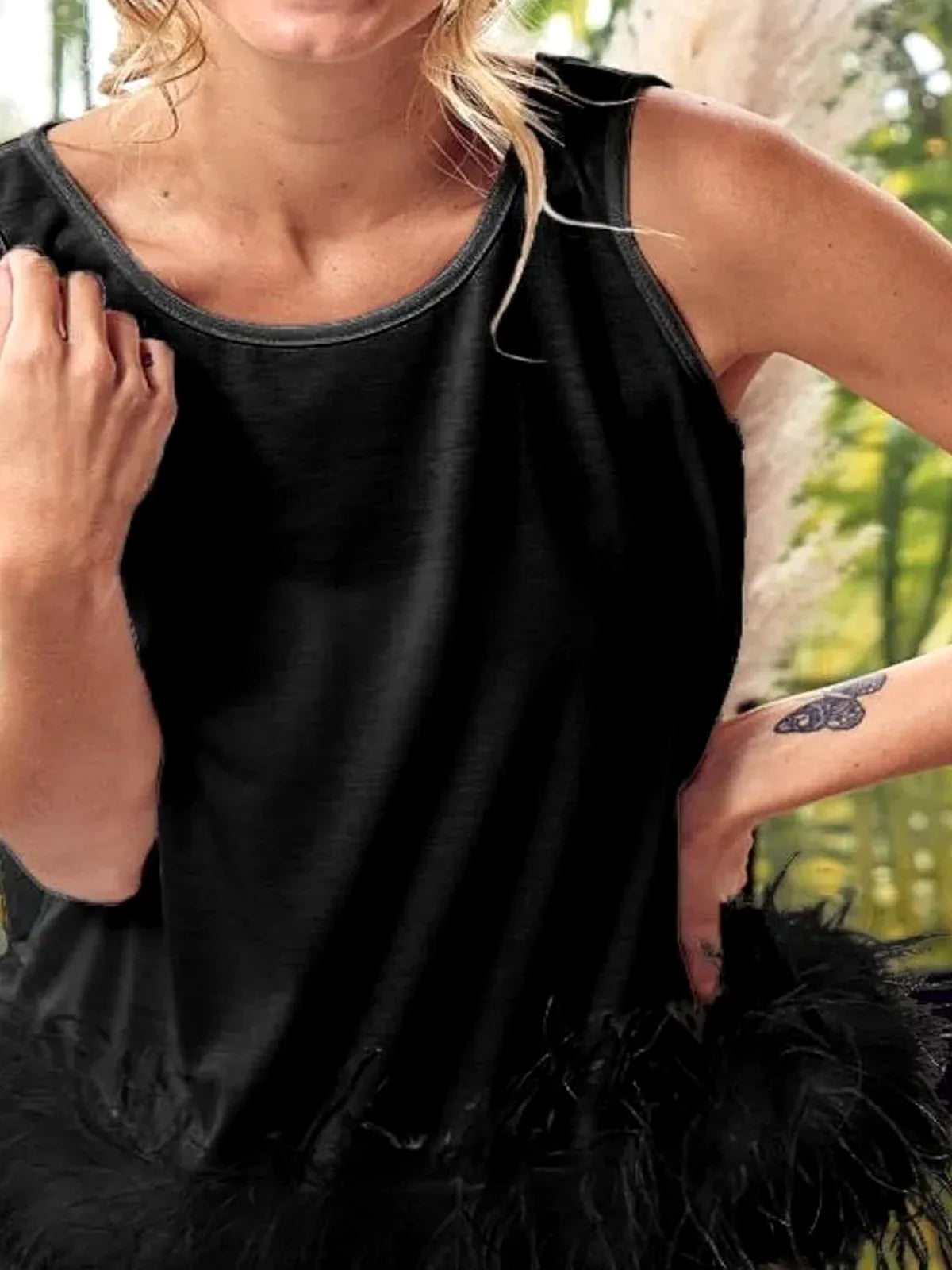 Stylish French Terry Top with Faux Feather Detail & Back Tie — detail view — Livostyle