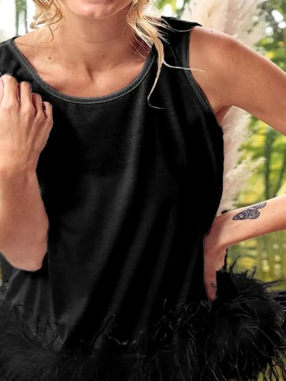 Stylish French Terry Top with Faux Feather Detail & Back Tie — detail view — Livostyle