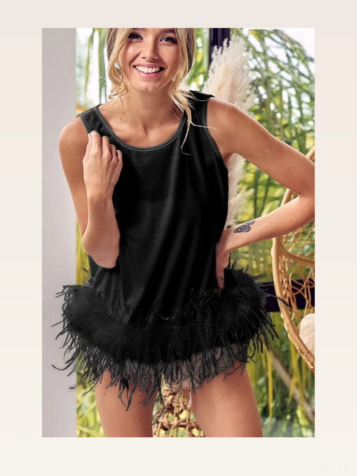 Stylish French Terry Top with Faux Feather Detail & Back Tie — styled showcase — Livostyle