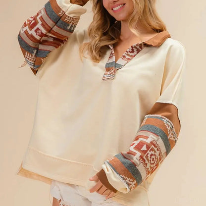 French Terry & Aztec Print Mixed Top – Chic & Cozy — square view — Livostyle
