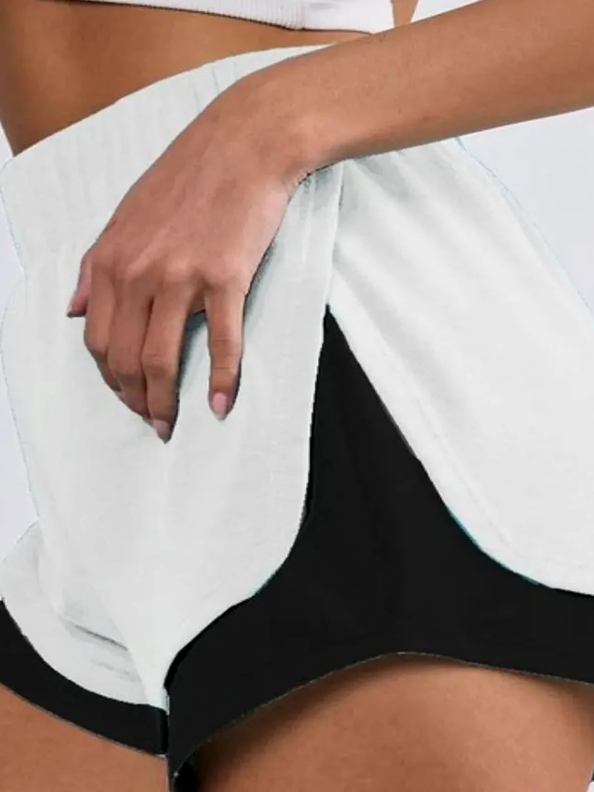 French Terry Knit Color Block with Side Slit Shorts in Off W — detail view — Livostyle