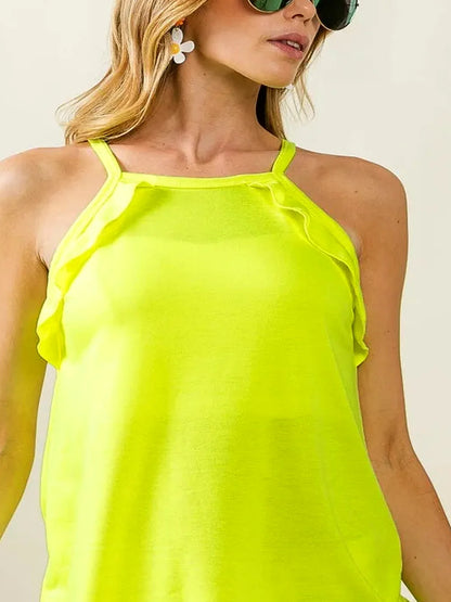 Elegant Sleeveless Top with Ruffled Details in French Terry  — detail view — Livostyle