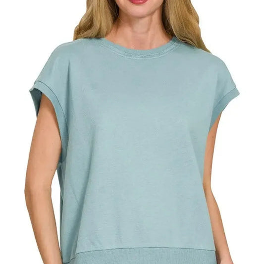 French Terry Round Neck Cap Sleeve T-Shirt — square view — Livostyle