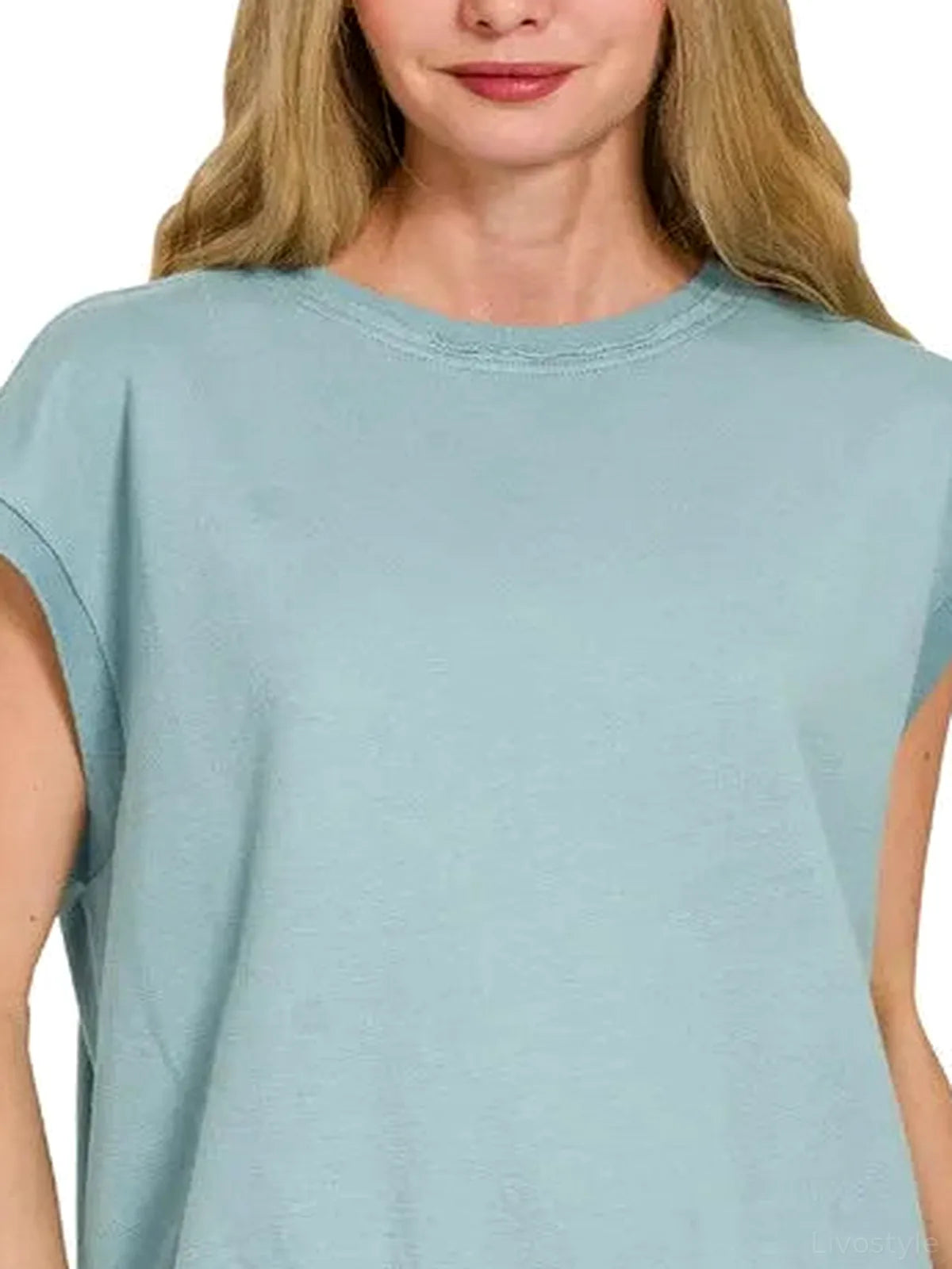 French Terry Round Neck Cap Sleeve T-Shirt — detail view — Livostyle