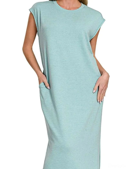 French Terry Sleeveless Round Neck Midi Dress — detail view — Livostyle