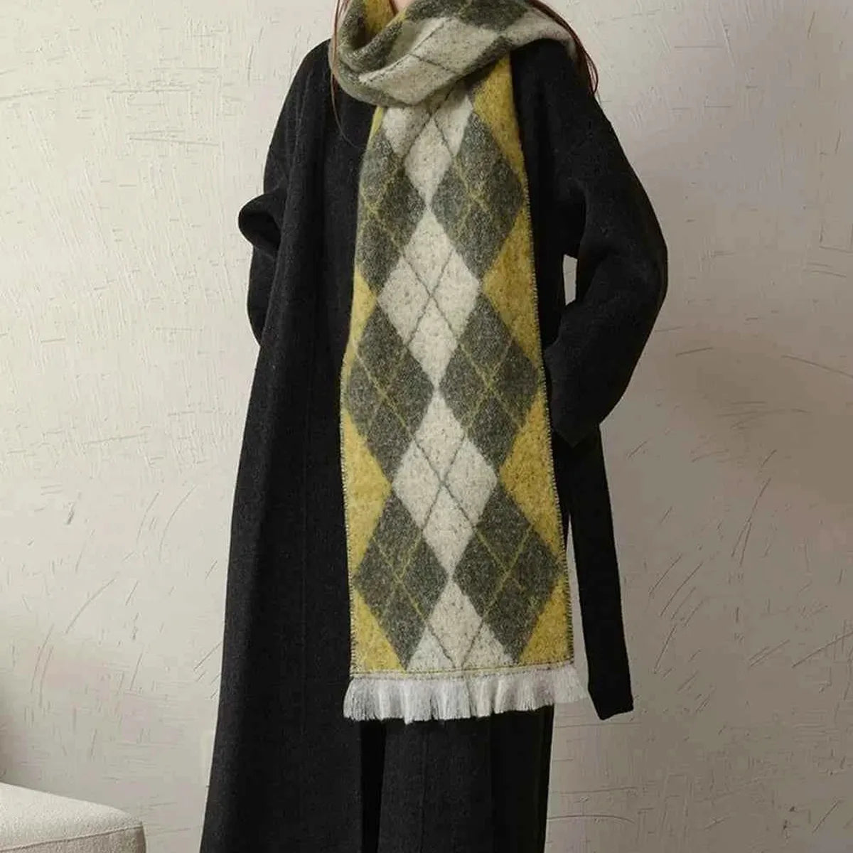 Fringe Argyle Polyester Scarf — square view — Livostyle