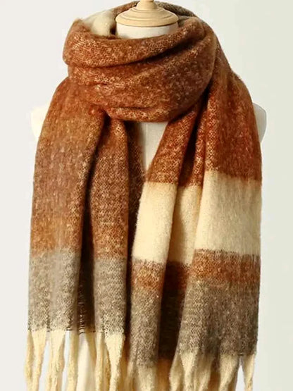 Fringe Color Block Polyester Scarf — detail view — Livostyle