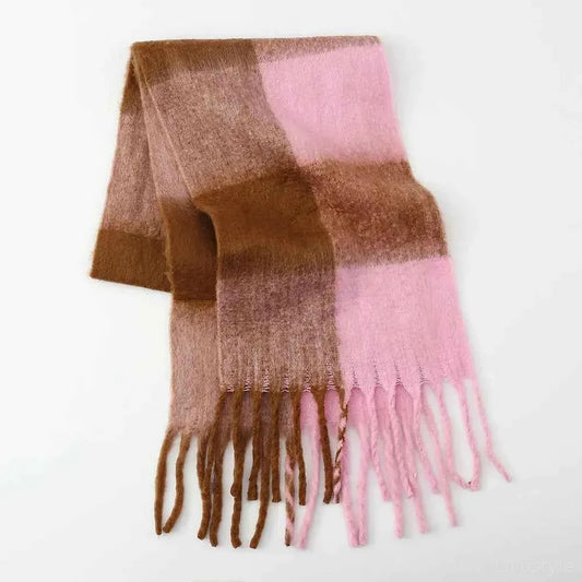 Fringe Contrast Plaid Polyester Scarf — square view — Livostyle