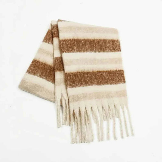Fringe Contrast Striped Polyester Scarf — square view — Livostyle