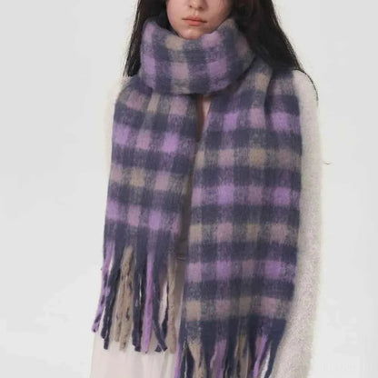 Lilac Fringed Plaid Polyester Scarf — square view — Livostyle