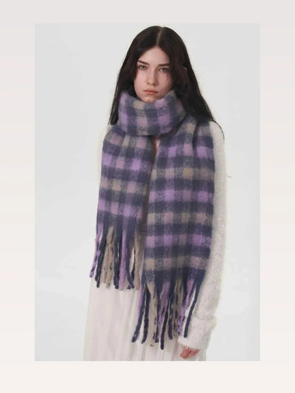 Lilac Fringed Plaid Polyester Scarf — styled showcase — Livostyle