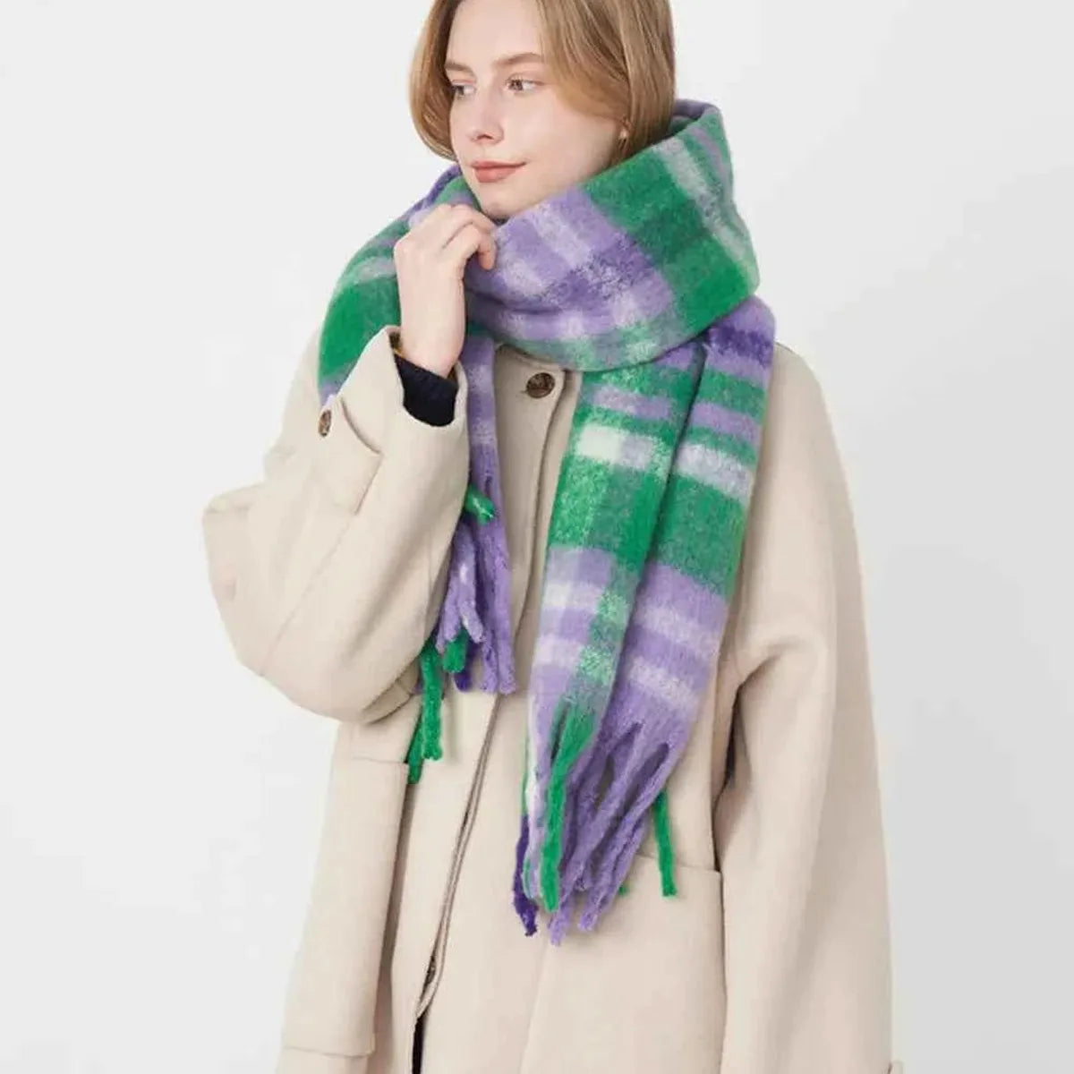 Green Plaid Fringe Polyester Scarf — square view — Livostyle