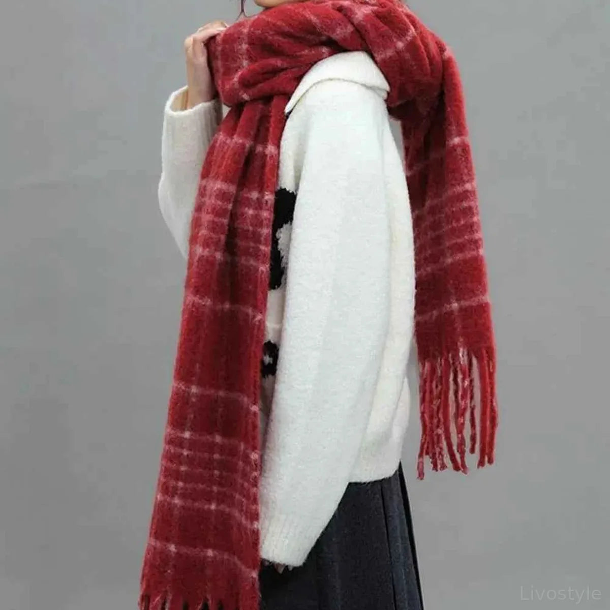 Fringe Plaid Thermal Scarf — square view — Livostyle