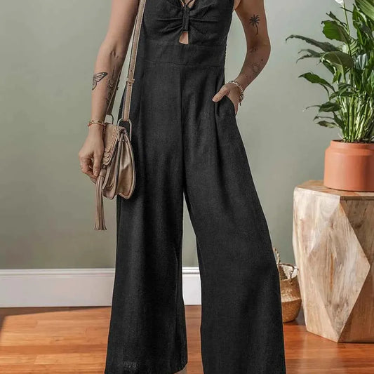 Front Cut Out Smocked Back Sleeveless Wide Leg Jumpsuit — square view — Livostyle