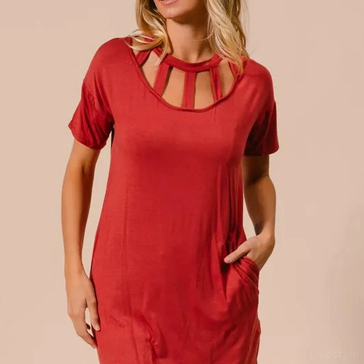 Stylish Mini Tee Dress with Front Cutout & Pockets — square view — Livostyle