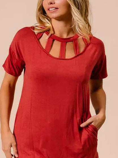 Stylish Mini Tee Dress with Front Cutout & Pockets — detail view — Livostyle