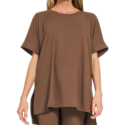 Brushed Dty Microfiber Round Neck Top and Biker Shorts Set — square view — Livostyle