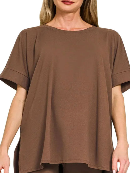 Brushed Dty Microfiber Round Neck Top and Biker Shorts Set — detail view — Livostyle