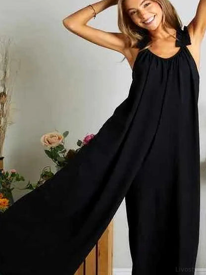 Elastic Ruffle Shoulder Jumpsuit — detail view — Livostyle