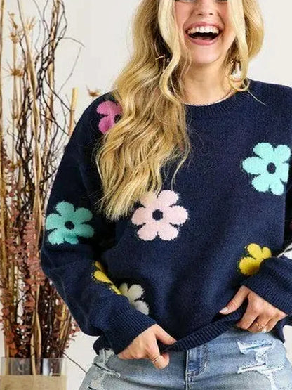 Floral Design Knit Sweater — detail view — Livostyle