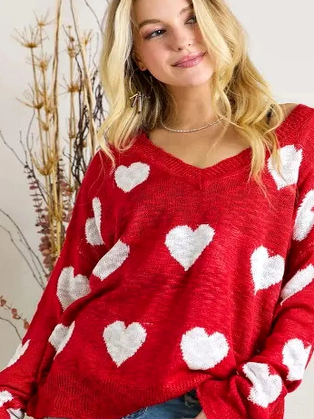 Charming Heart V-Neck Knit Top — detail view — Livostyle