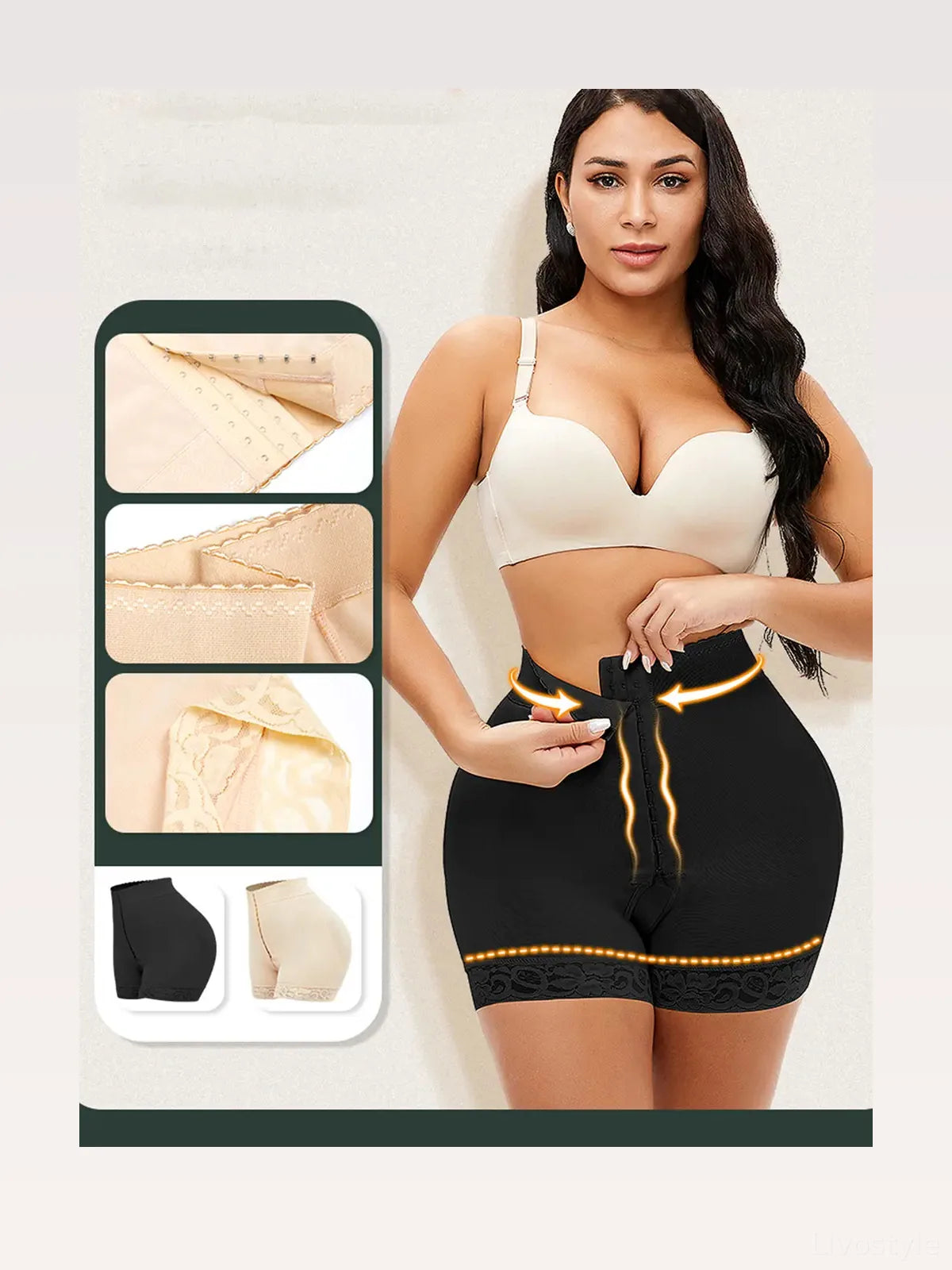 Lace Detail Hook-and-Eye Shaping Shorts — styled showcase — Livostyle