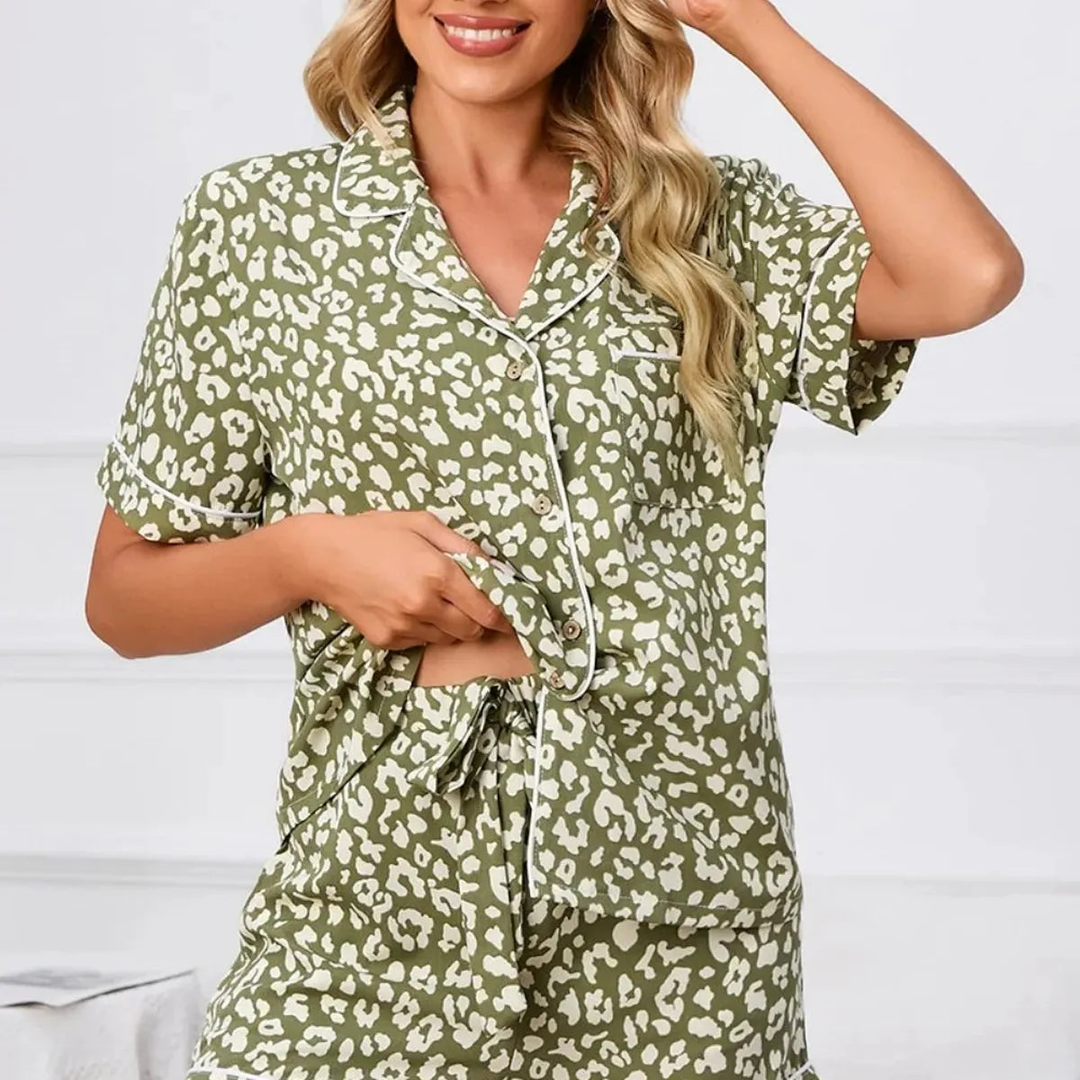 Leopard Short Sleeve Top and Shorts Lounge Set — square view — Livostyle