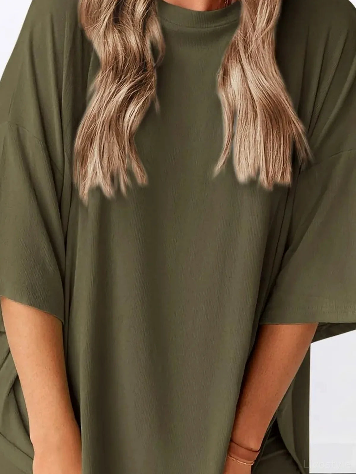 Oversized Slit Round Neck Top and Shorts Lounge Set — detail view — Livostyle