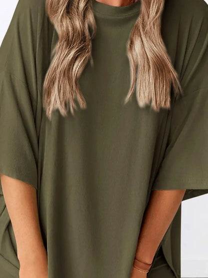 Oversized Slit Round Neck Top and Shorts Lounge Set — detail view — Livostyle