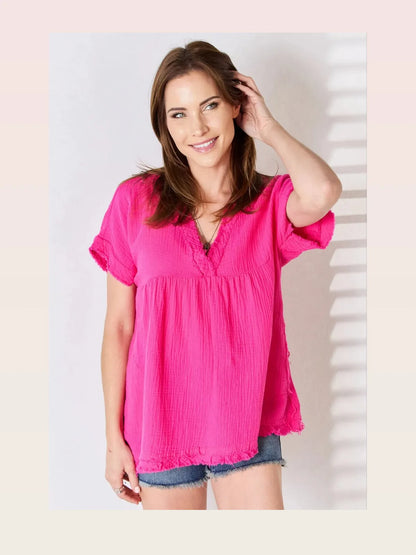 Raw Hem Short Sleeve Top — styled showcase — Livostyle