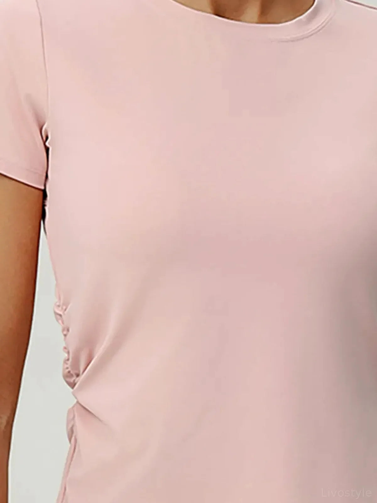 Slit Round Neck Short Sleeve Active T-Shirt — detail view — Livostyle