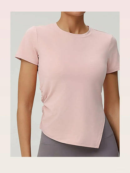 Slit Round Neck Short Sleeve Active T-Shirt — styled showcase — Livostyle
