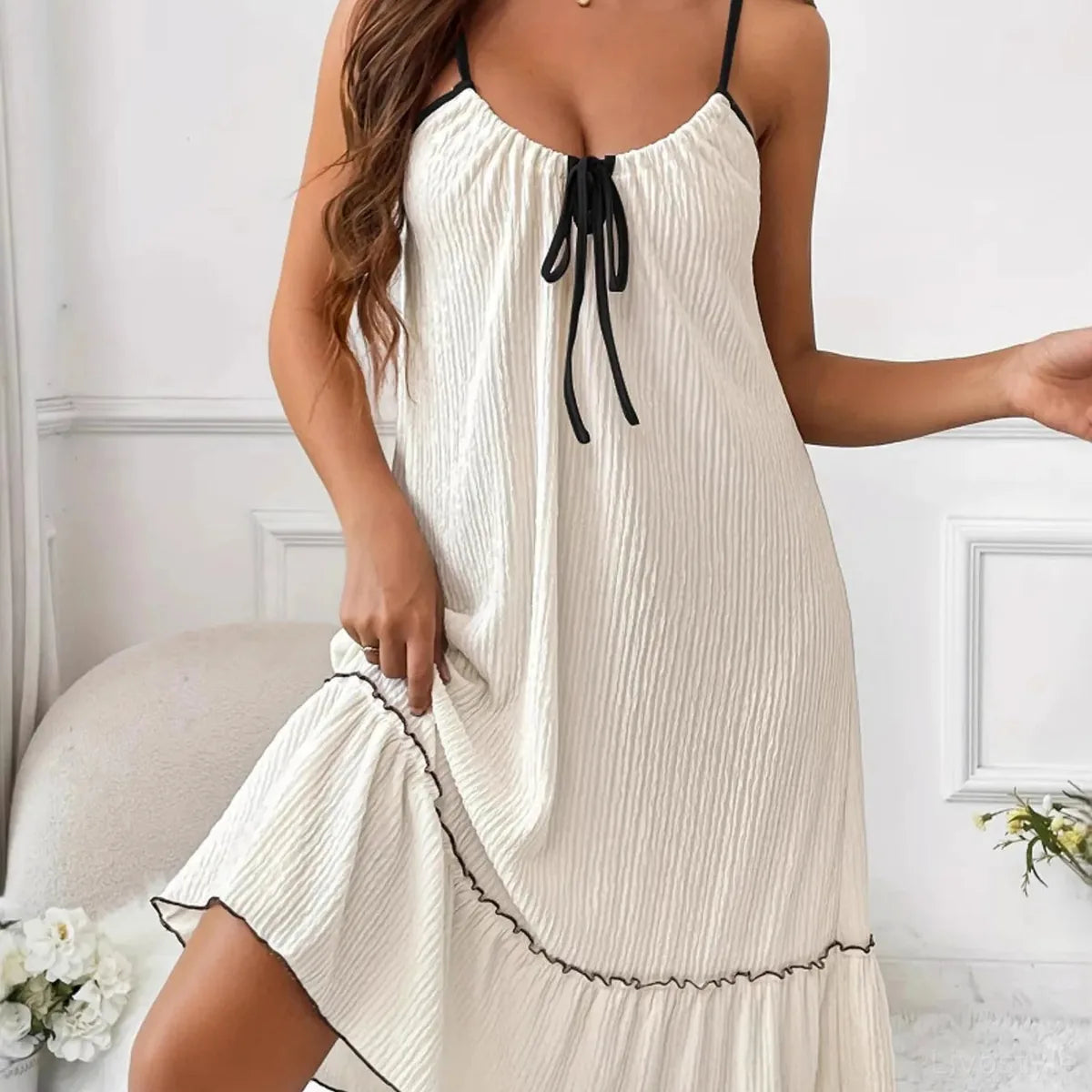 Tiered Ruffled Lounge Dress with Contrast Trim — square view — Livostyle