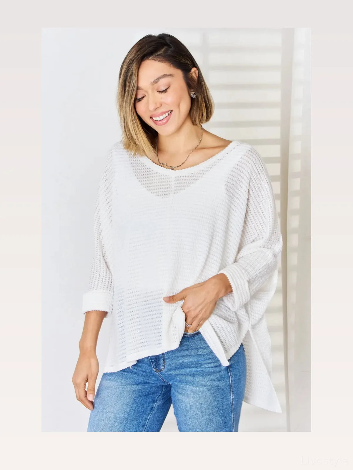 Waffle Knit V-Neck Long Sleeve Slit Top — styled showcase — Livostyle