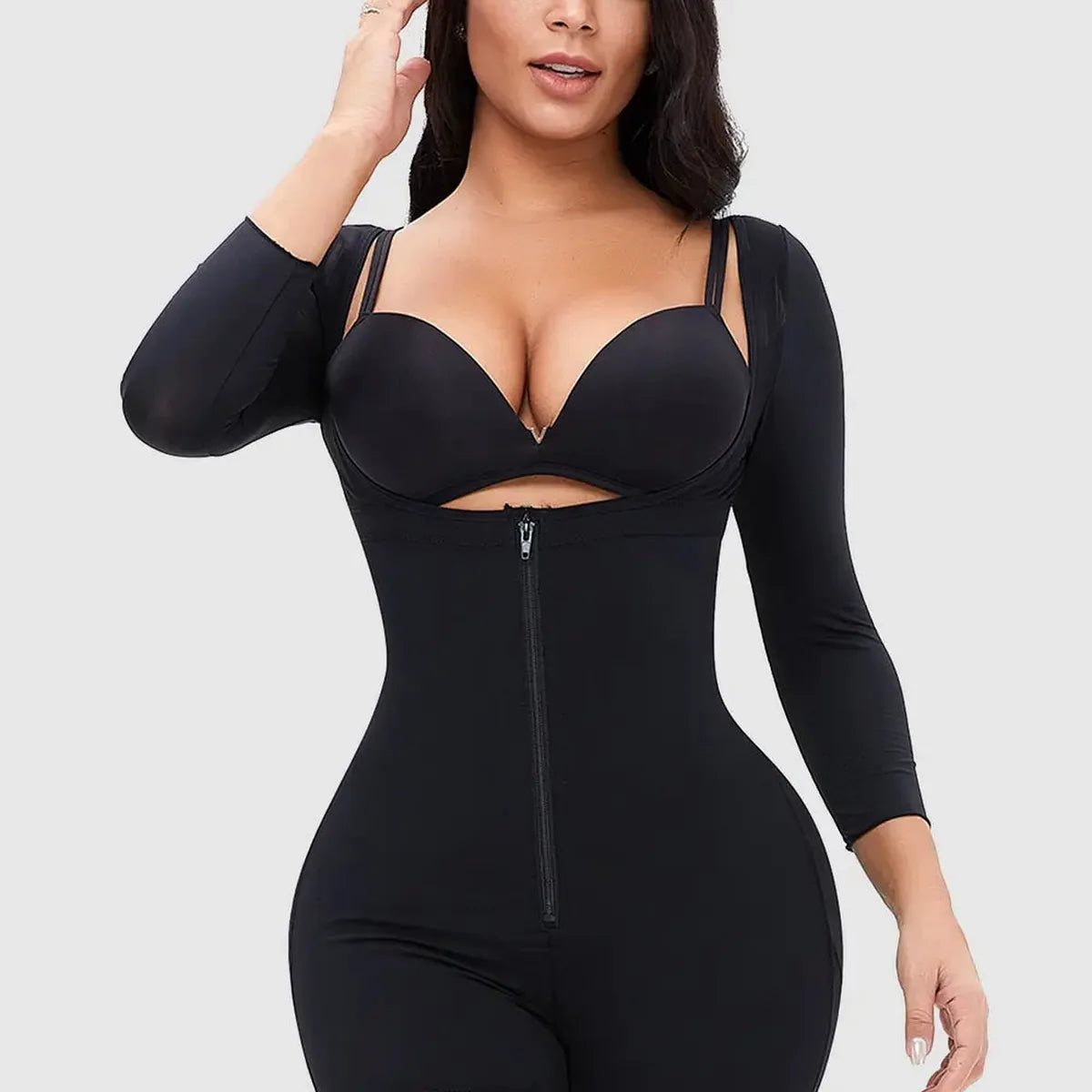 Zip Up Lace Detail Long Sleeve Shapewear — square view — Livostyle